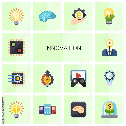 14 innovation flat icons set isolated on white background. Icons set with AI Decision, Machine learning, Innovation business, creativity, Idea, AI Architecture, fintech industry icons.