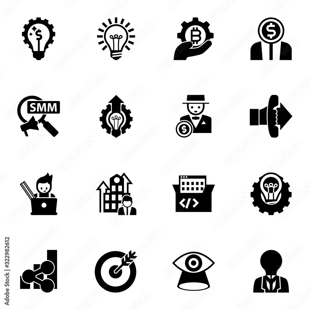 Obraz premium 16 idea filled icons set isolated on white background. Icons set with Marketing solutions, Idea, fintech industry, Social Marketing, Innovation business, rich man, graphic designer icons.