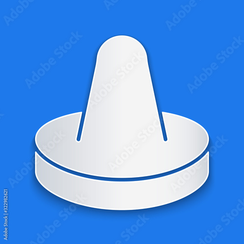 Paper cut Mallet and puck for playing air hockey game icon isolated on blue background. Paper art style. Vector Illustration