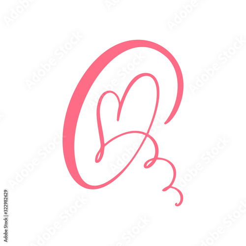 Vector Vintage floral monogram Number zero 0. Calligraphy element heart logo Valentine card flourish frame. Hand drawn Love sign for page decoration and design illustration
