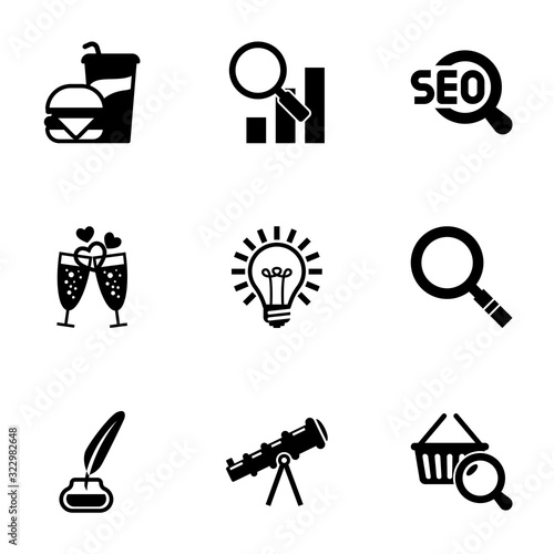 9 glass filled icons set isolated on white background. Icons set with Beverage, Semantic Analysis, SEO, champagne, Idea, Magnifier, Inkwell, telescope, Marketing research icons.