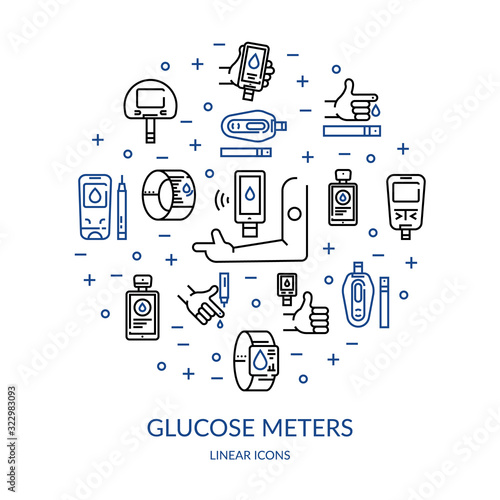 Diabetes blood glucose meter linear icons set