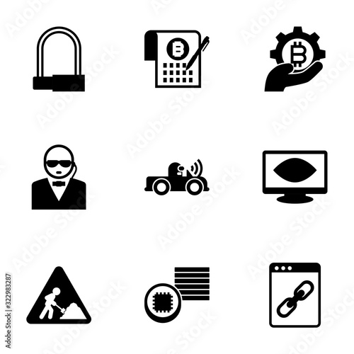 9 security filled icons set isolated on white background. Icons set with Bike padlock, Smart Contract, fintech industry, Autonomous, Computer Vision, construction works icons.