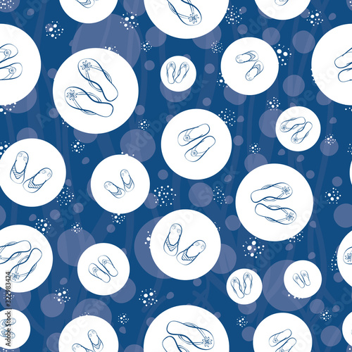 Flip flop shoe seamless vector pattern. Cute hand drawn outline design with bubble background in white and blue. Family summer vacation concept