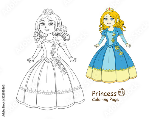Cute kawaii princess outlined drawing and painting  flat cartoon for coloring book