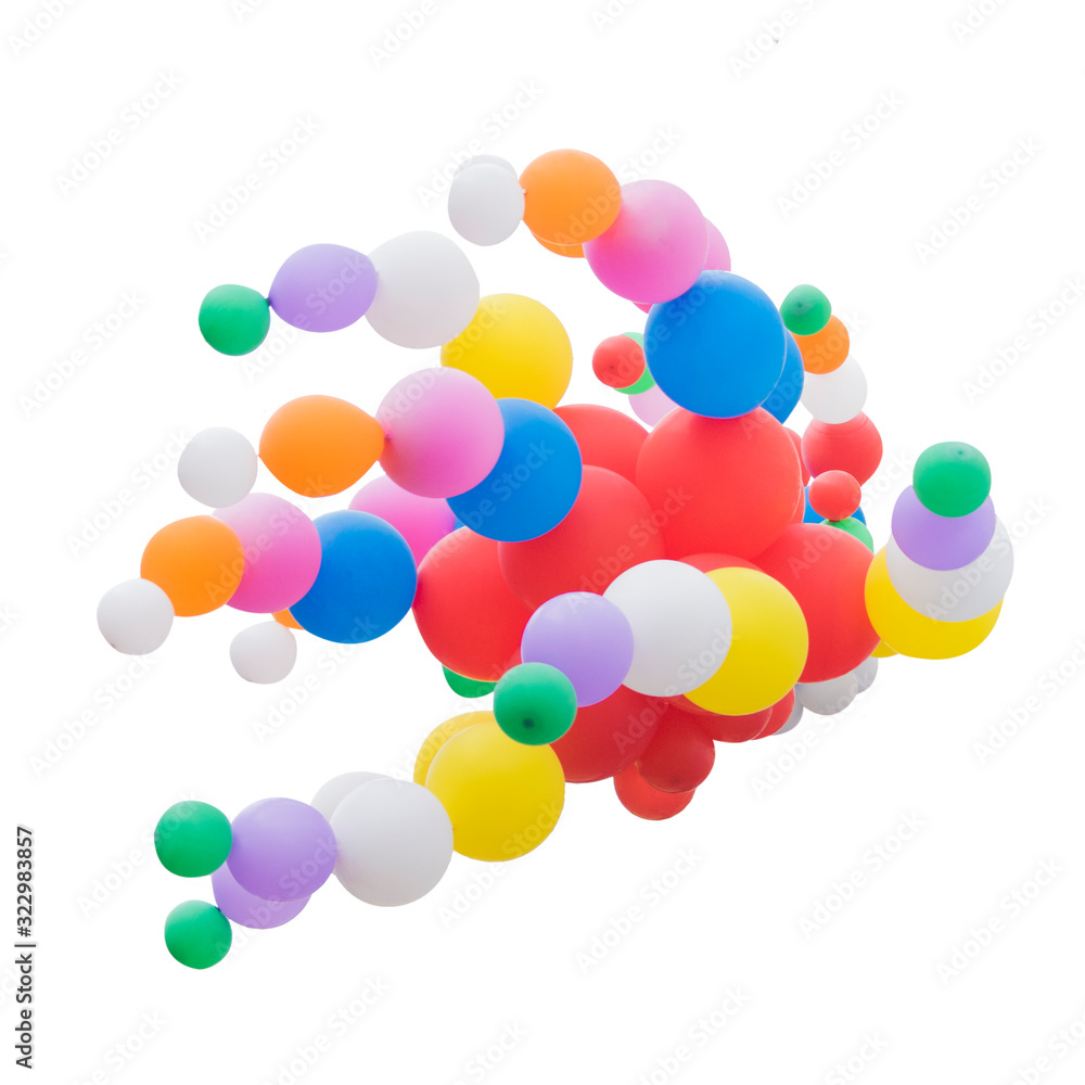 A bunch of bright colorful balloons on a white isolated background.