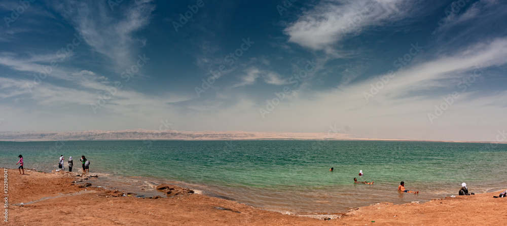 Some bathers float on the waters of the Dead Sea in Jordan.
