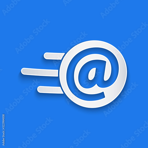 Paper cut Mail and e-mail icon isolated on blue background. Envelope symbol e-mail. Email message sign. Paper art style. Vector Illustration