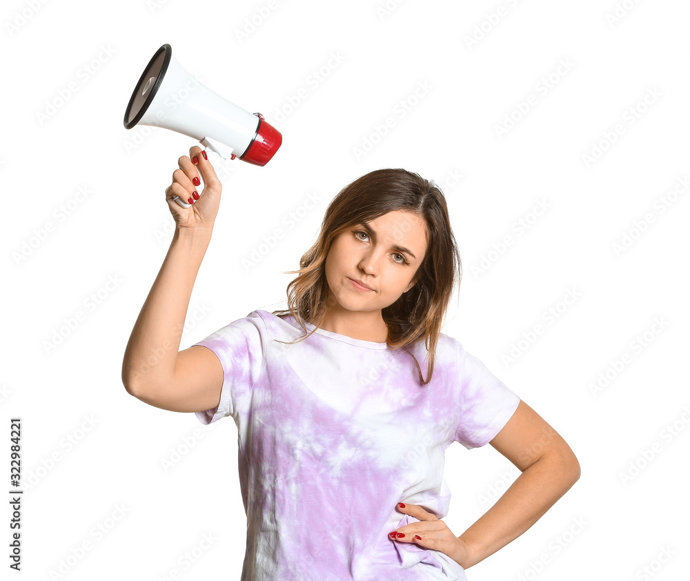 Young woman with megaphone on white background Young woman with megaphone on white background