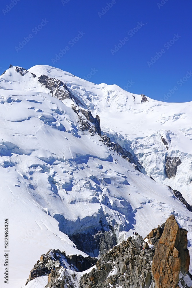 View of the Vallee Blanche covered with snow in the Massif du Mont Blanc over Chamonix, France