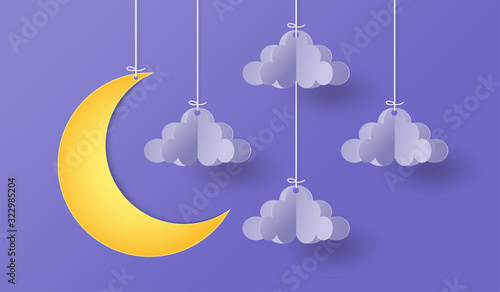 Paper art style of night sky with moon and cloud, purple background