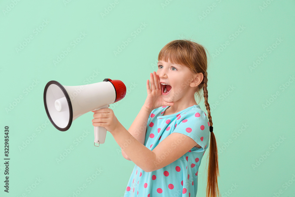 Cute little girl with megaphone on color background Cute little girl with megaphone on color background
