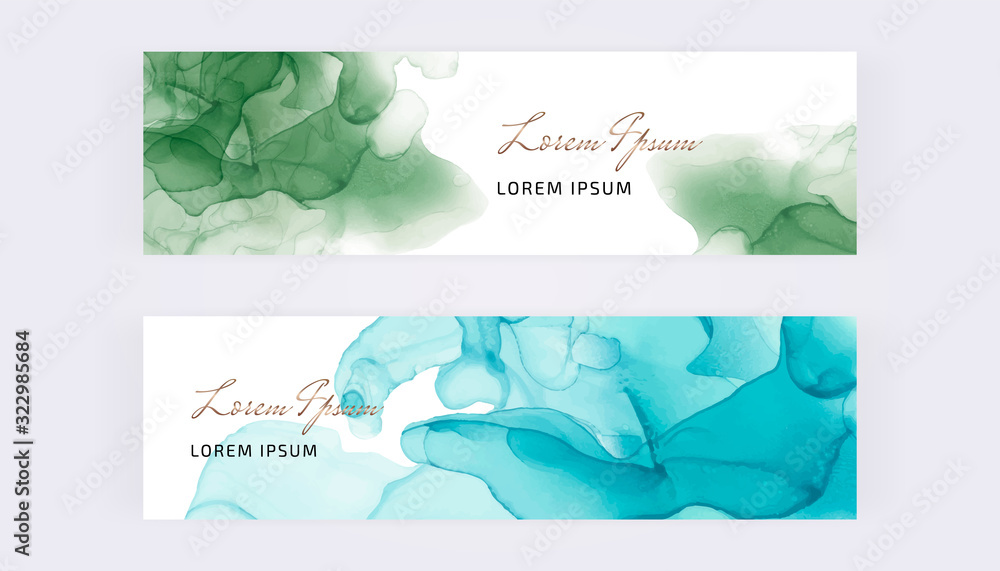 Web banners with blue and green alcohol ink texture. Modern templates for invitation, logo, card, flyer, poster, save the date