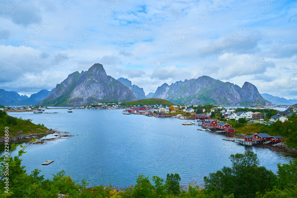 beautiful fjord view and town, reine  in lofoten island, norway