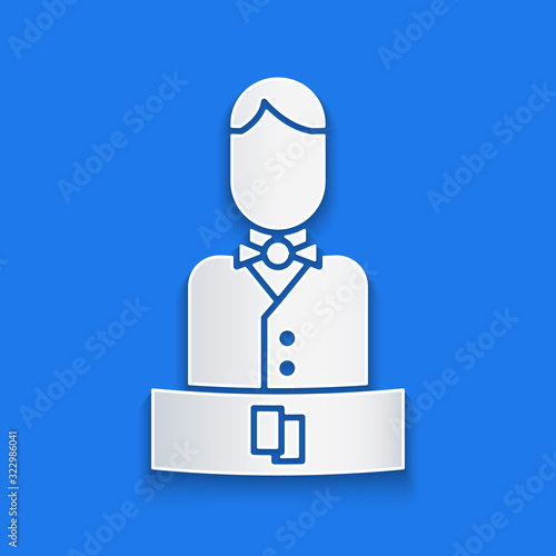 Paper cut Casino dealer icon isolated on blue background. Casino croupier. Paper art style. Vector Illustration
