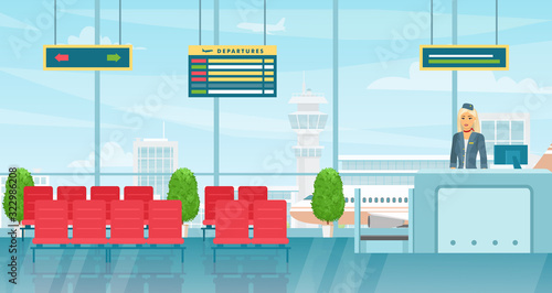 Airport waiting room interior flat vector colorful illustration. Departure lounge with chairs and flight departures board. Modern terminal hall. Check in desk with stewardess, air hostess.