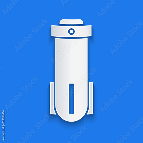 Paper cut Water filter icon isolated on blue background. System for filtration of water. Reverse osmosis system. Paper art style. Vector Illustration