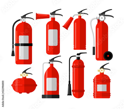 Fire extinguishers colorful flat vector illustrations set. First alert, emergency. Fire protection equipment. Flame prevention tools pack isolated on white background.