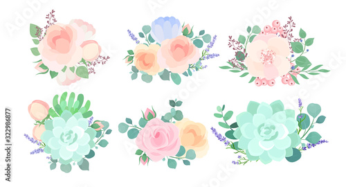 Flowers composition colorful flat vector illustrations set. Wedding and prom boutonniere, bouquets isolated on white background. Floral, floristic design elements collection top view.