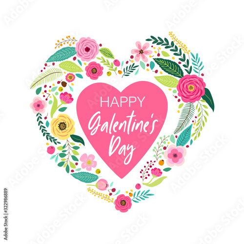 Cute feminine card with hand drawn flowers for girls friends celebrating valentines day