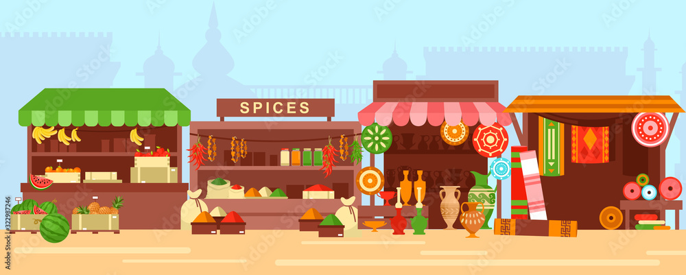 Fototapeta premium Eastern bazaar, street market flat vector illustration. Empty arabic marketplace panorama with stalls and no people. Fresh fruits, spices, ceramics and rugs sale stands with no merchants.