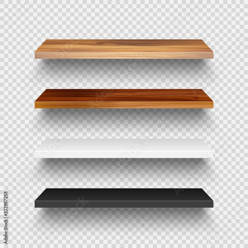 Realistic empty wooden store shelves set. Product shelf with wood texture. Grocery wall rack. Vector illustration.