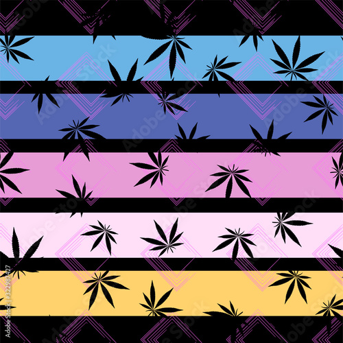 black cannabis leaves on a striped colorful background seamless pattern