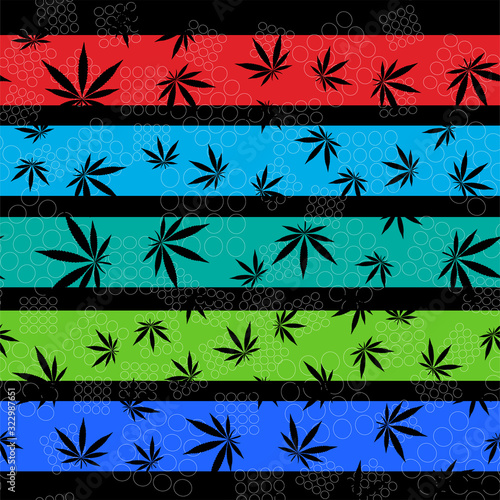 black cannabis leaves on a striped colorful background seamless pattern