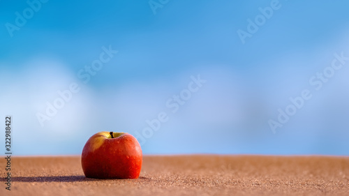 Red apple lying on the shores of a sandy beach against a blue and white background of ocean and surf