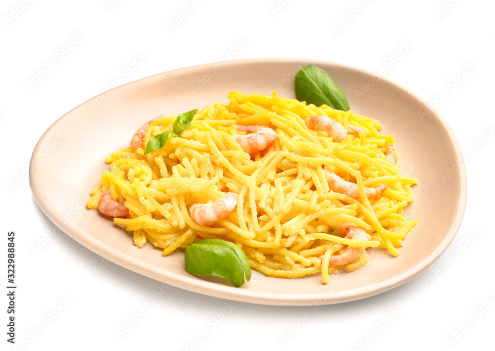 Plate with tasty pasta and shrimps on white background