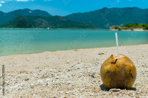 Fototapeta Naklejka Na Ścianę i Meble -  Brown coconut with drinking straw on sand on beach in tropics