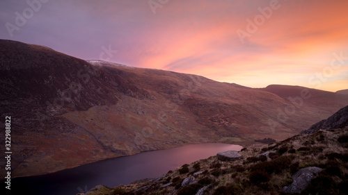 Snowdonia Welsh valley pink sunrise view