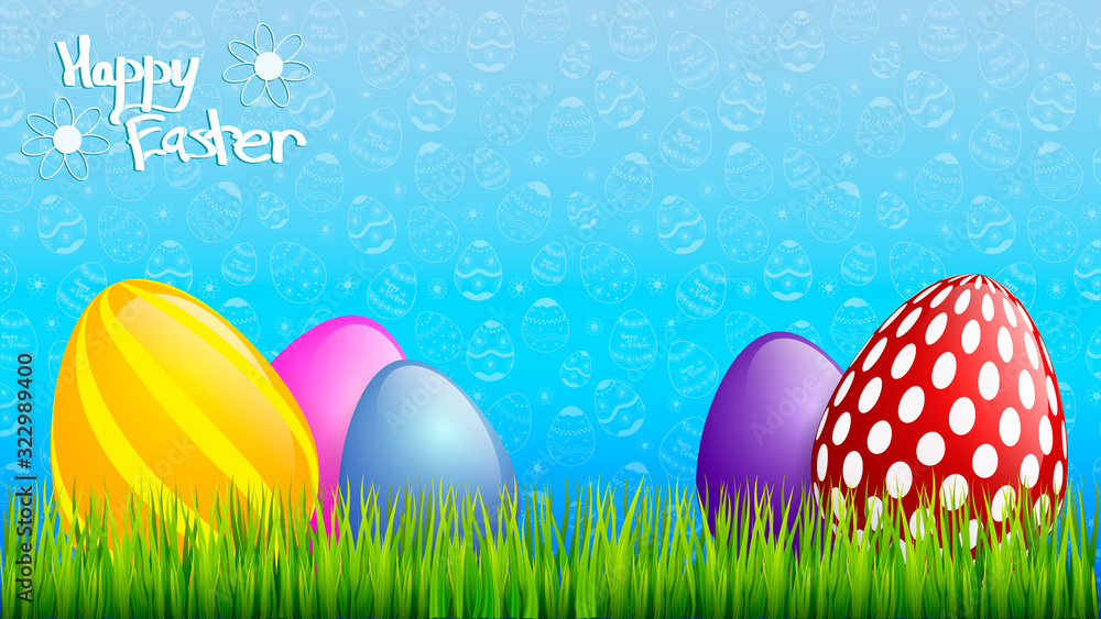 Easter poster with festive eggs with grass and pattern on background