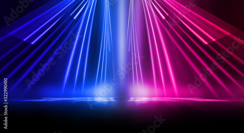 Empty stage, blue and pink, purple  neon, abstract background. Rays of searchlights, light, abstract tunnel, corridor. © MiaStendal