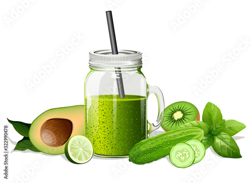 Realistic green smoothie. Vector illustration.