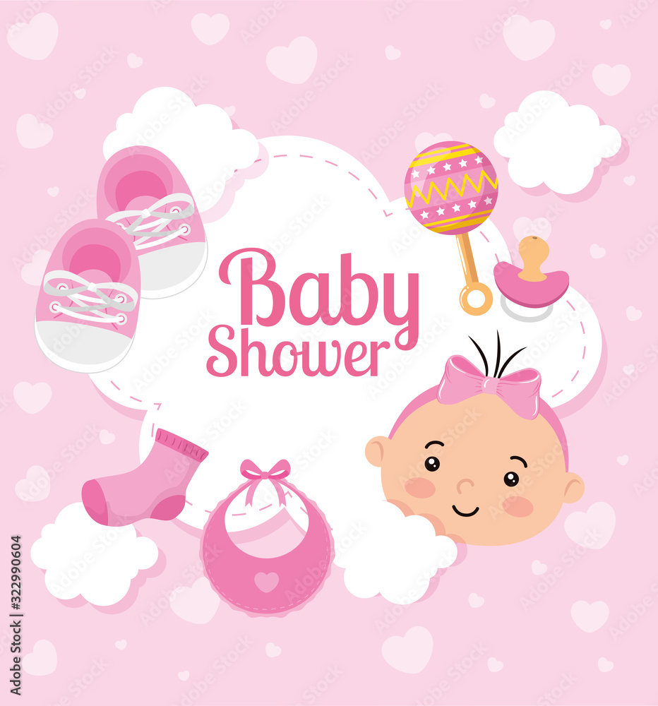 baby shower card with cute little girl and decoration vector illustration design