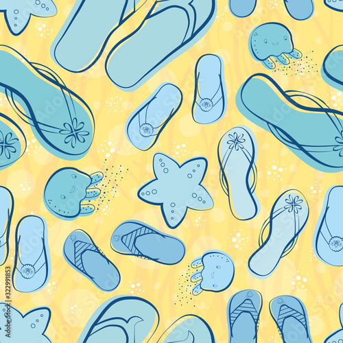 Cute seamless flip flop shoe vector pattern background. Hand drawn outline style. Blue and yellow colors. Summer beach vacation concept