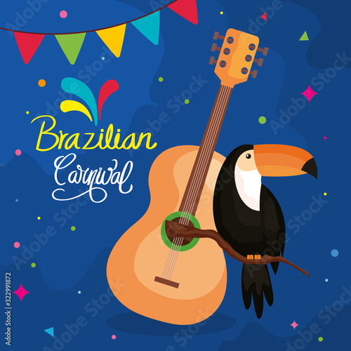 poster of brazilian carnival with toucan and guitar vector illustration design