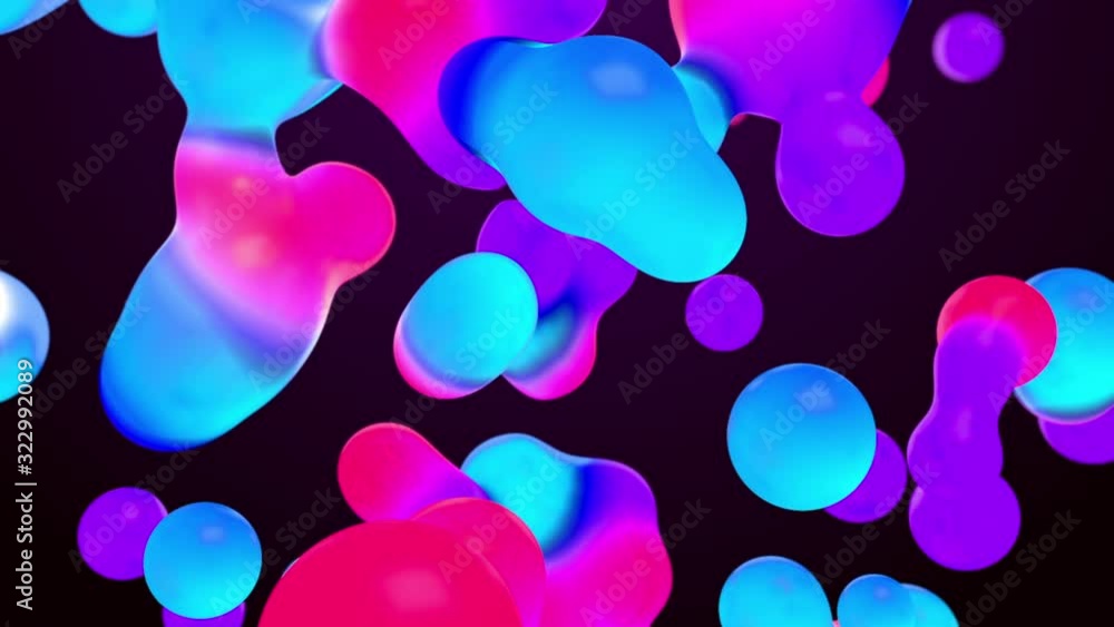 Abstract background with morphing circles in flat style on colorful backdrop. Lava lamp like particles slowly flowing up and down. Blob bubbles in rainbow colors against dark background.