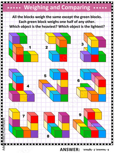 Weighing and comparing math puzzle: All the blocks weigh the same except the green blocks. Each green block weighs one half of any other. Which object is the heaviest? Which object is the lightest?