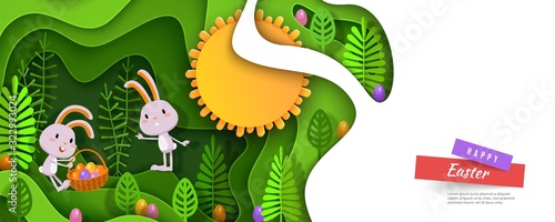 Easter papercut layered design with bunny, eggs, trees, basket, Vector