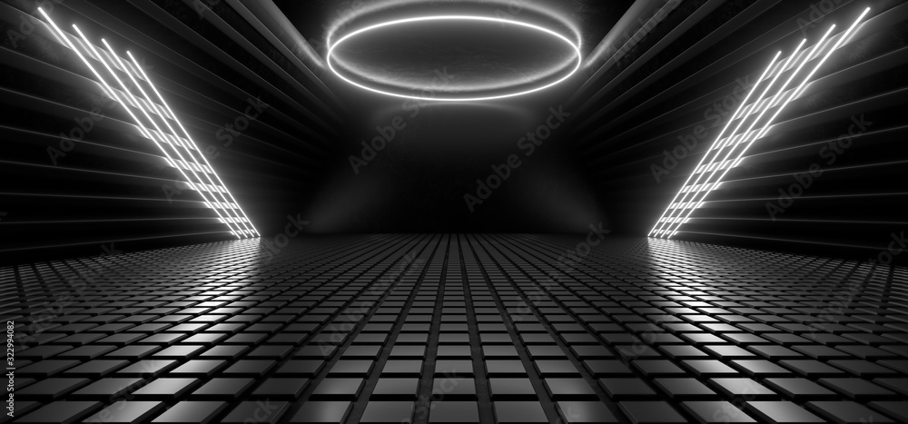 Naklejka premium Beautiful composition of white neon lights on a black background. 3d rendering image.