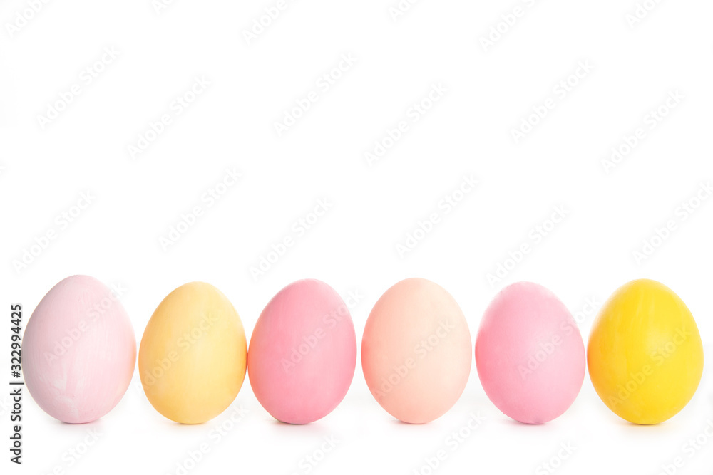 Easter eggs on a white background, place for text, top view, isolation, six Easter eggs on a white background, place for text, top view, isolation, six
