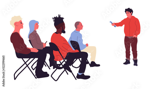 Speaker communicates with audience.Stand-up show.Students listening to a lecture.Vector illustration