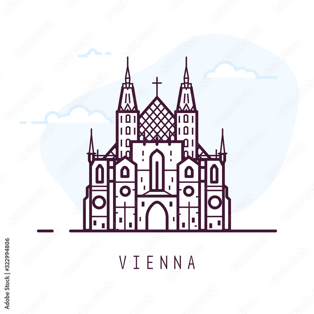 Vienna city line style illustration. Old and famous St. Stephen's Cathedral or Stephansdom in Vienna. Austria architecture city symbol of Austria. Outline building vector illustration. Travel banner.