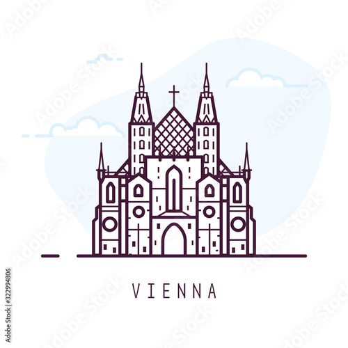 Vienna city line style illustration. Old and famous St. Stephen's Cathedral or Stephansdom in Vienna. Austria architecture city symbol of Austria. Outline building vector illustration. Travel banner.