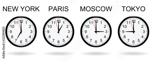 Clocks at different times on white background  