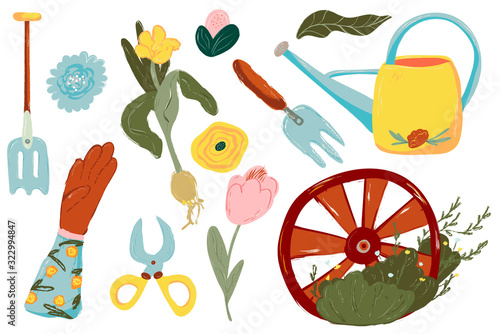 Spring Gardening Set. Tools and decorations for the garden.Gardening equipment. Isolated illustration on white background. Farm collection or farming set illustration. Elements, clipart vector