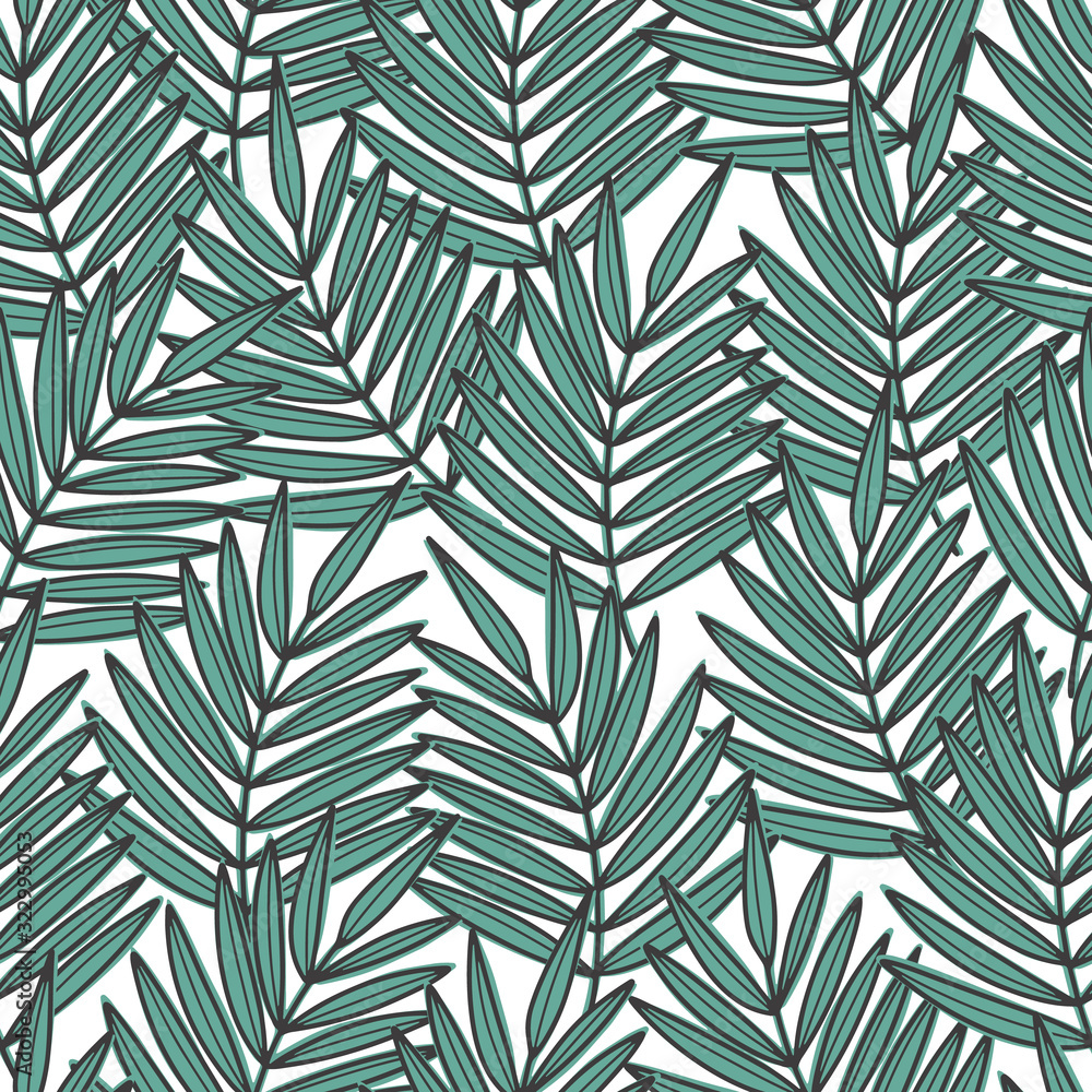 Blue palm leaves seamless pattern. Vector illustration. Hand drawn light background for fabric, textile and wallpaper