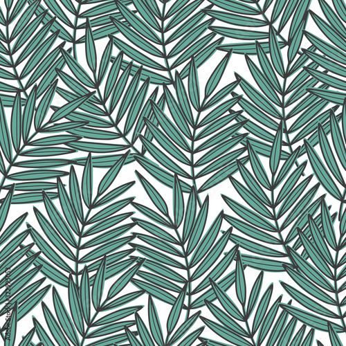Blue palm leaves seamless pattern. Vector illustration. Hand drawn light background for fabric, textile and wallpaper
